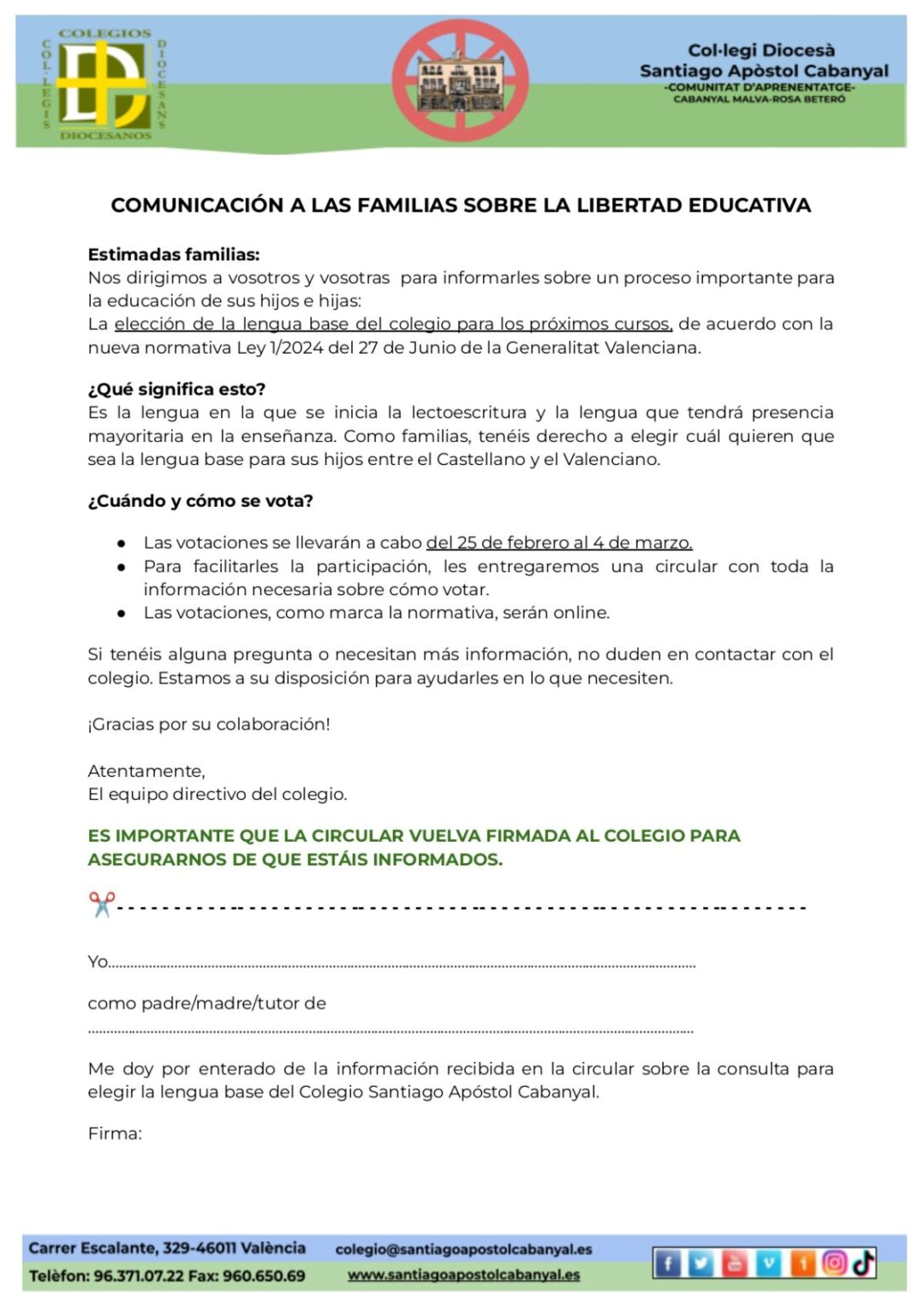 Comunicación a familias sobre la elección de la lengua base del colegio ...